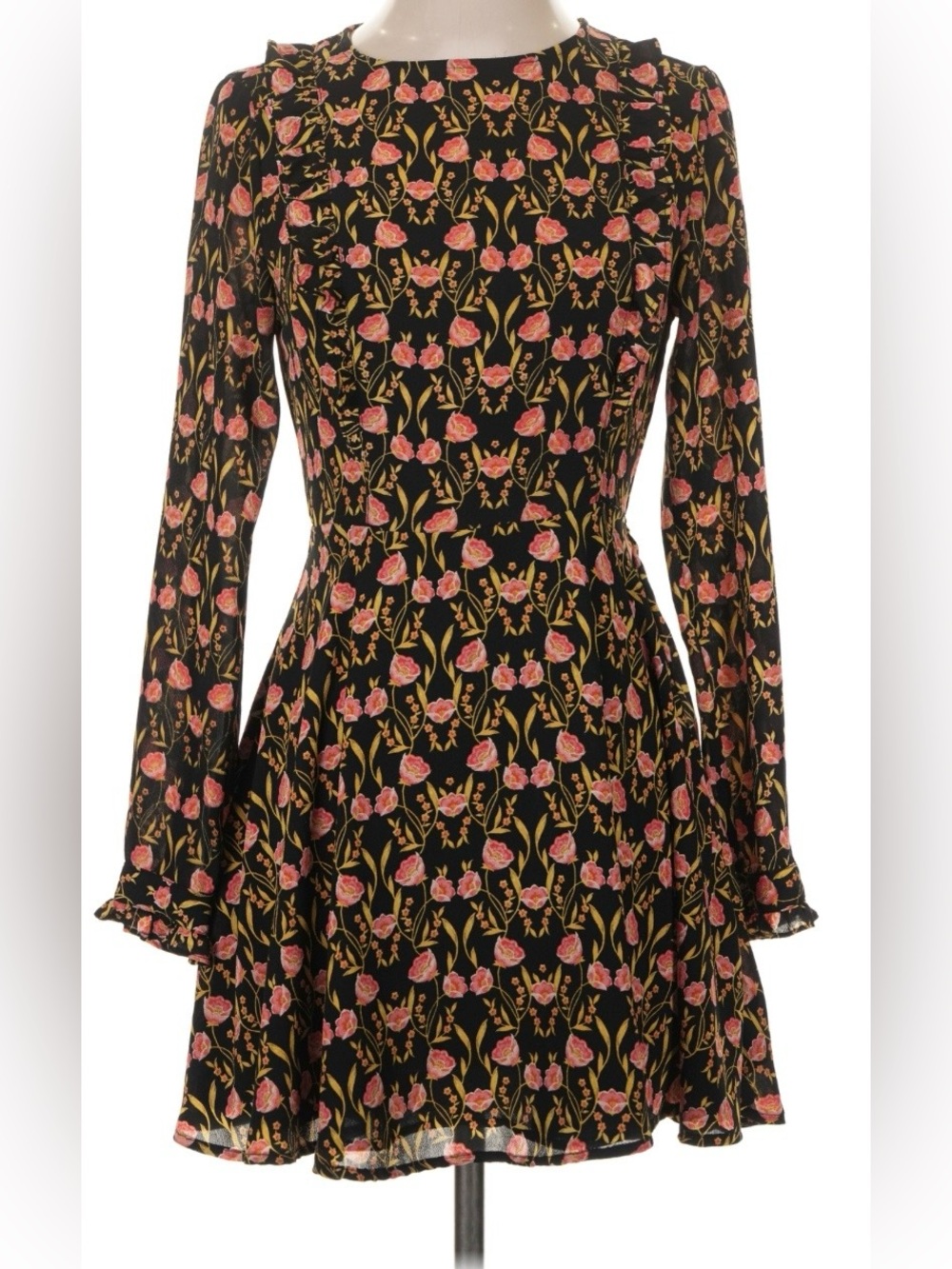 Forever 21 black multicolored floral long-sleeve ruffle mini dress Sz Small VGUC